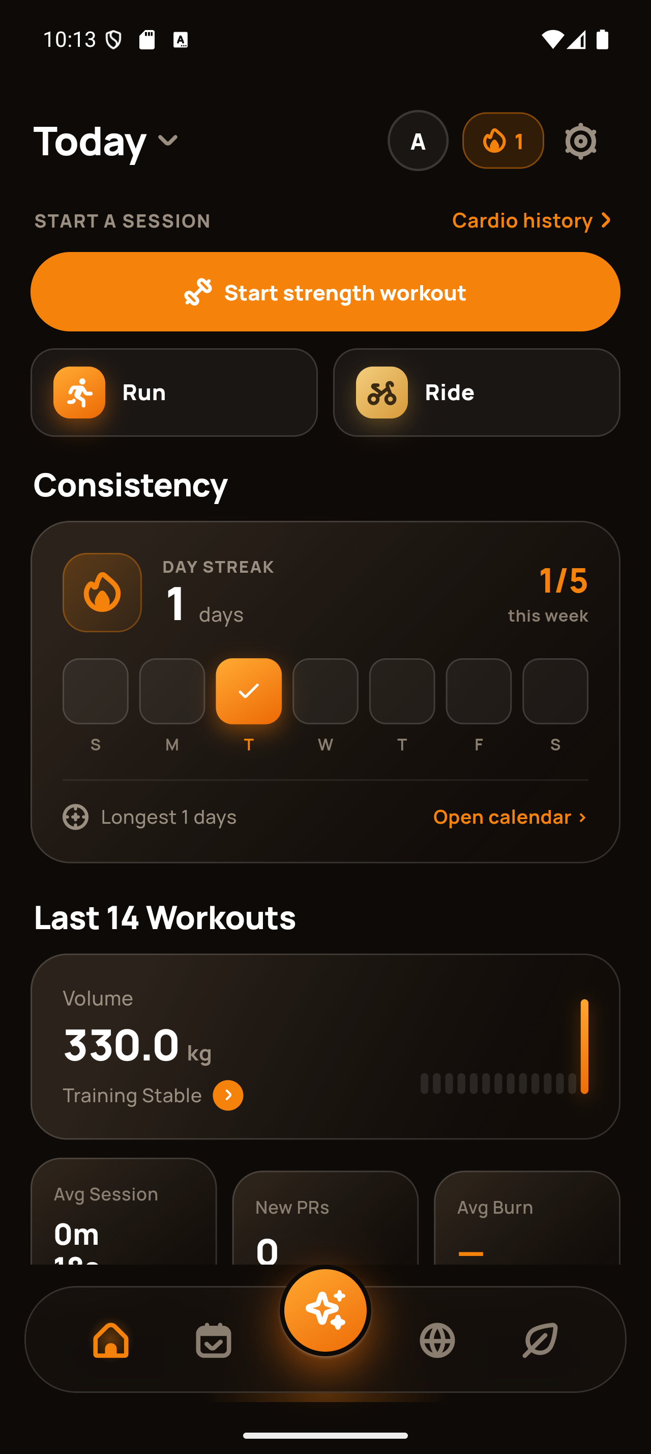 Zvelt home screen with workout progress and training overview